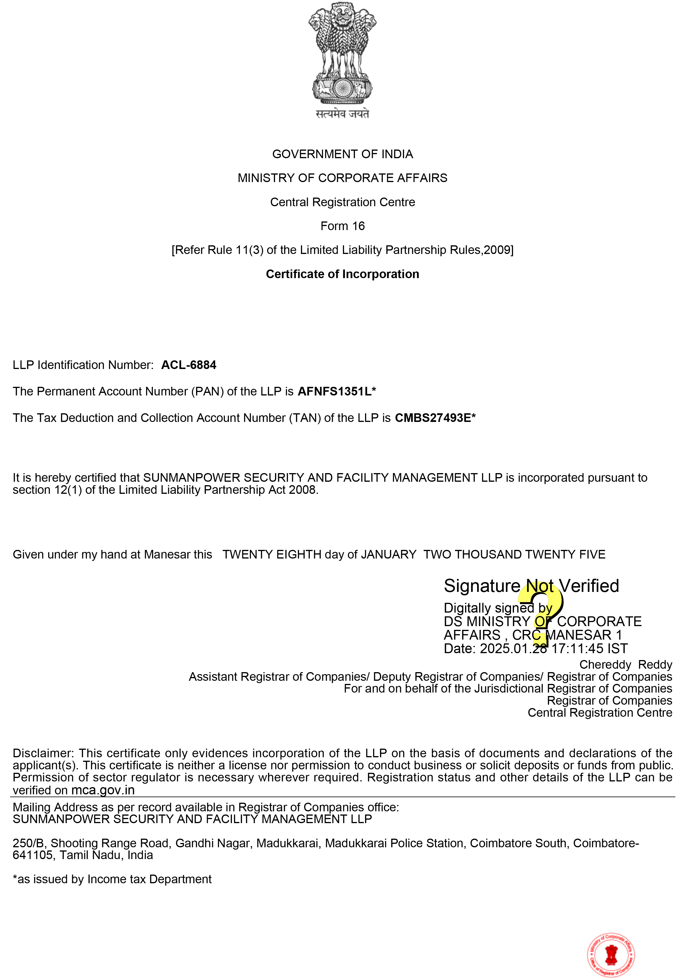 INCORPORATION CERTIFICATE